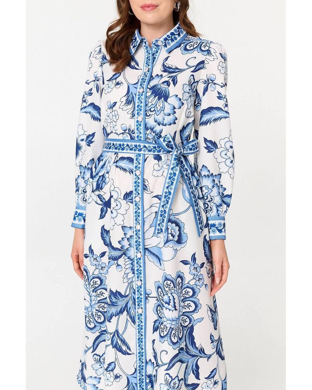 Izabel London Blue Floral Print Tie Belt Midi Shirt Dress