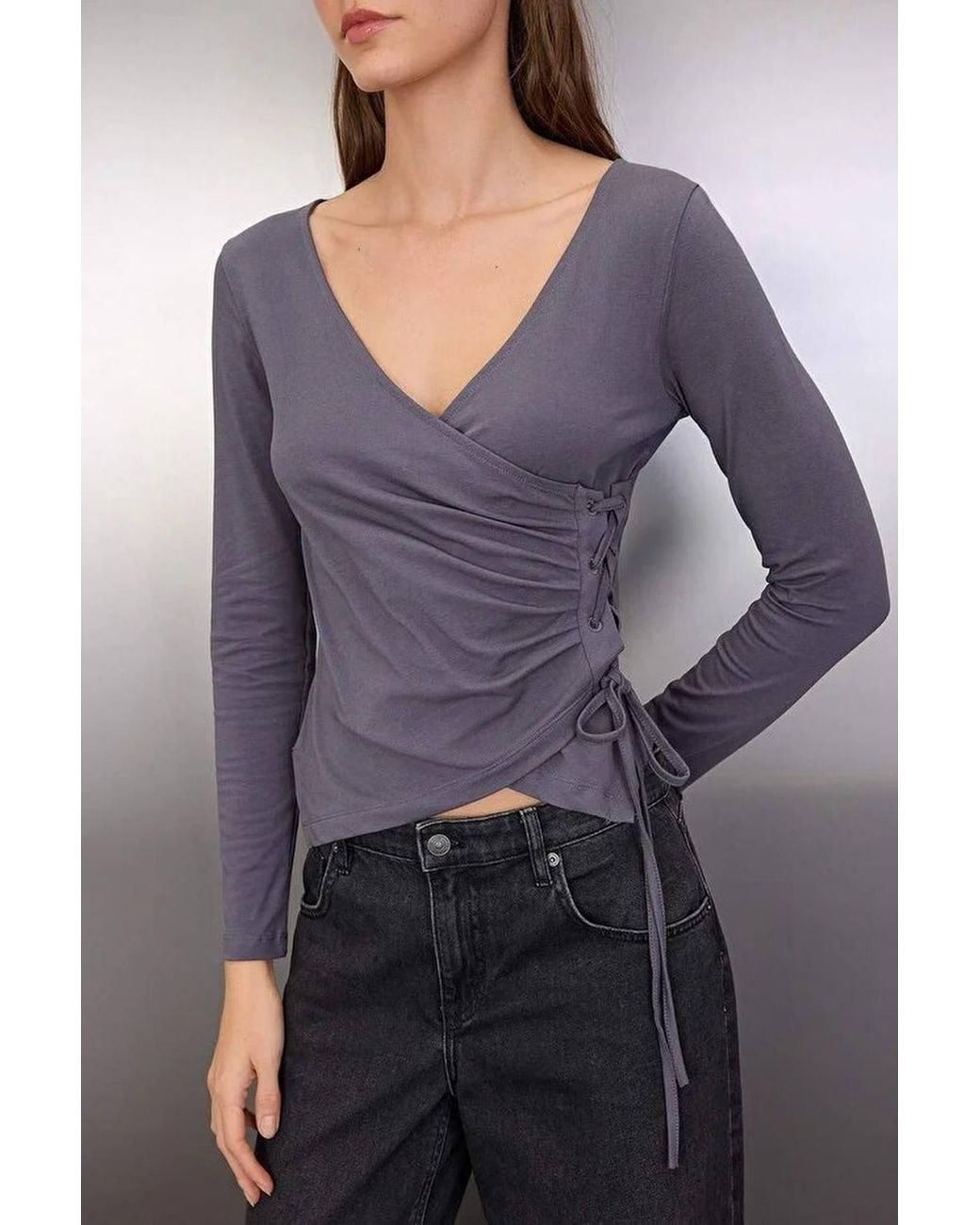 WOVCOR Gray V Neck Fitted Wrap Knit Blouse W/ Tie Side Detail