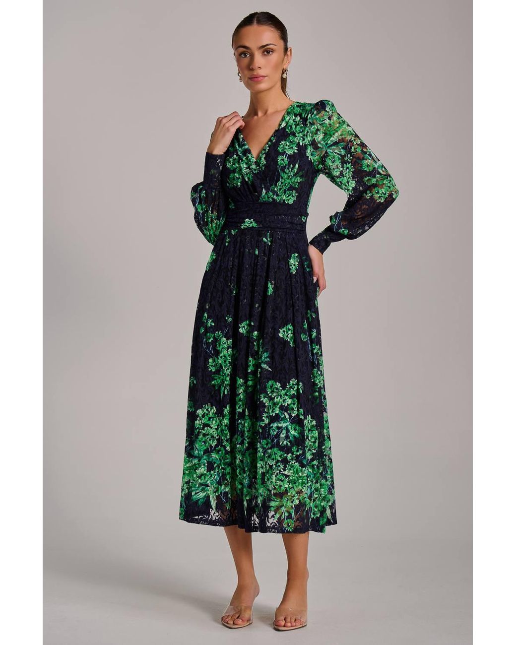 Jolie Moi Green Long Sleeve Print Lace Maxi Dress
