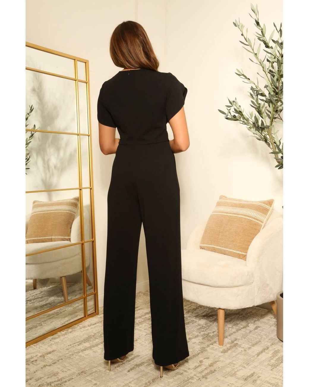 Double Second Black Tulip Sleeve Wrap Front Jumpsuit