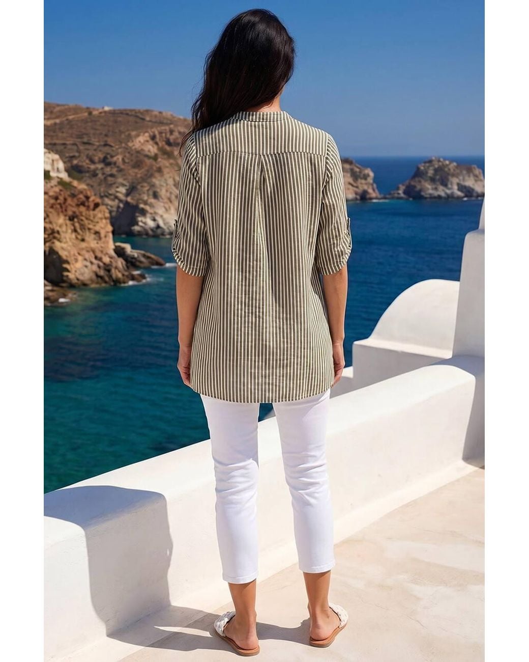 Roman Blue Classic Stripe Button Front Top
