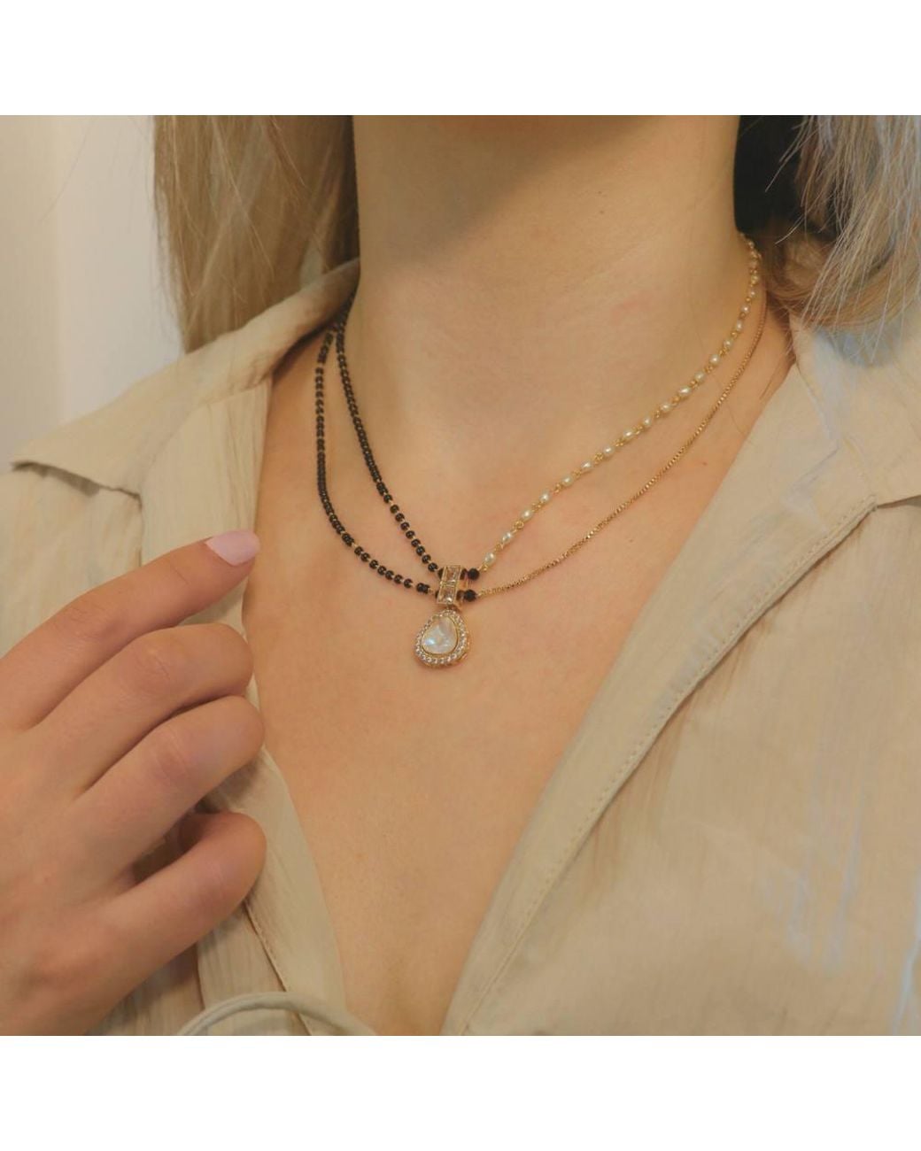 The Colourful Aura Natural Two Layer Pearl Zircon Tear Drop Mangalsutra Pendant