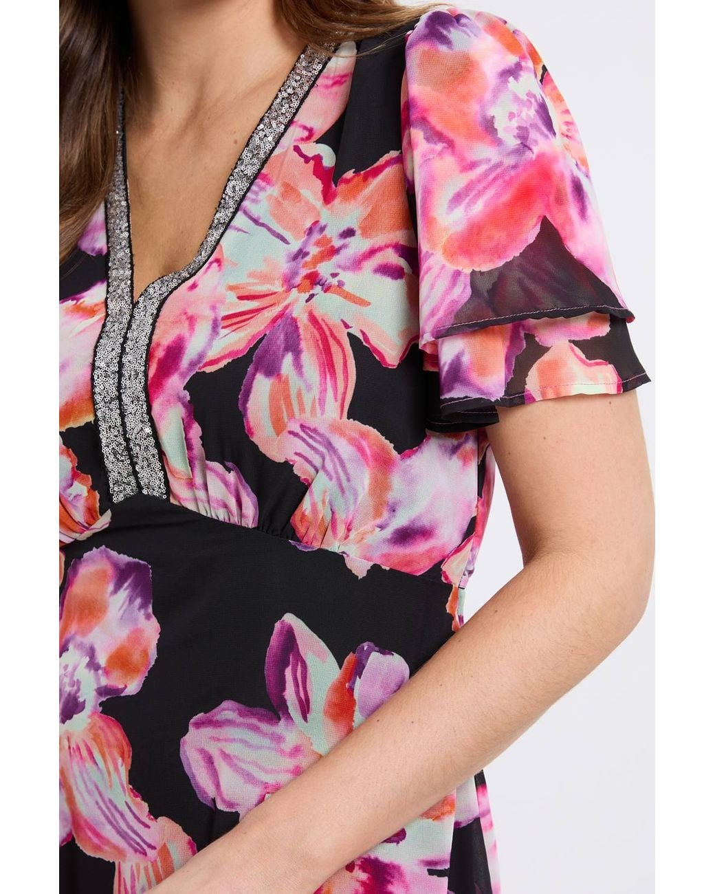 Wallis Pink Floral Chiffon Sequin Insert Midi Dress