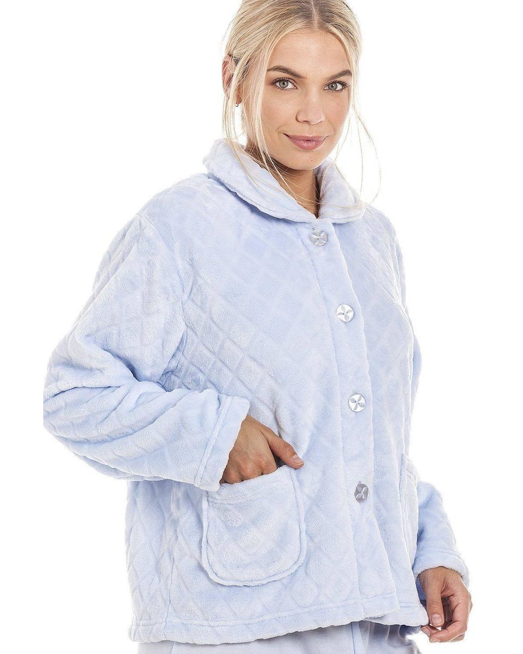 CAMILLE Blue Classic Supersoft Diamond Print Button Up Bed Jacket