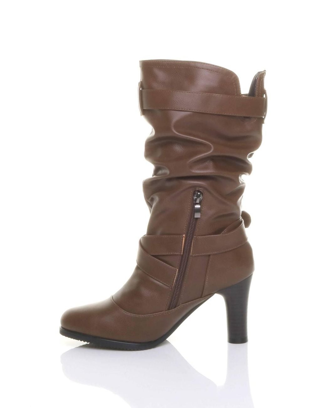 AJVANI Brown High Block Heel Ruched Calf Boots