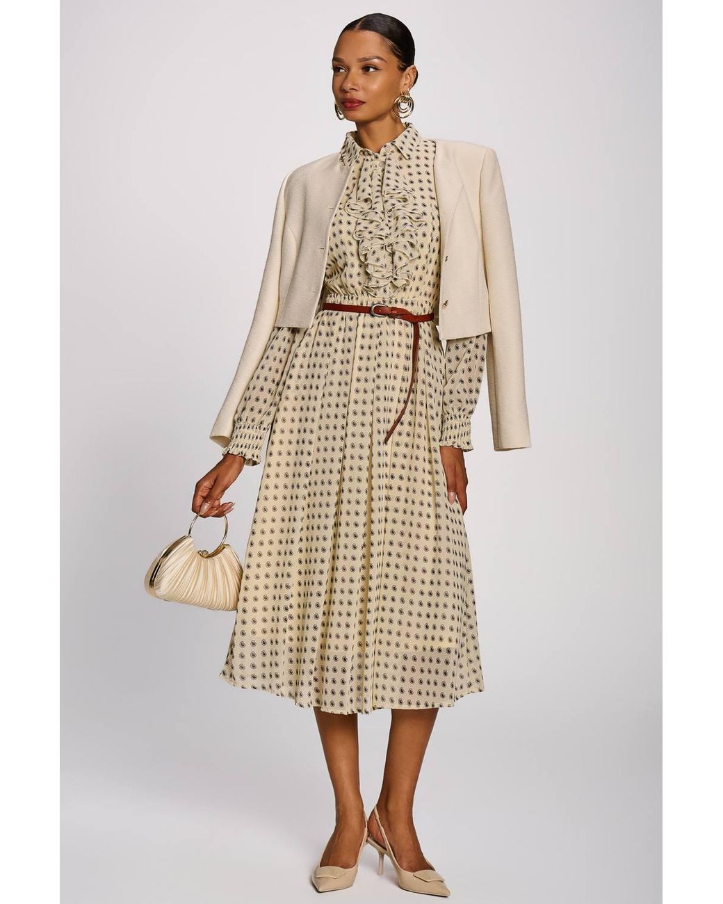 Jolie Moi Natural Chiffon Print Ruffled Shirt Dress