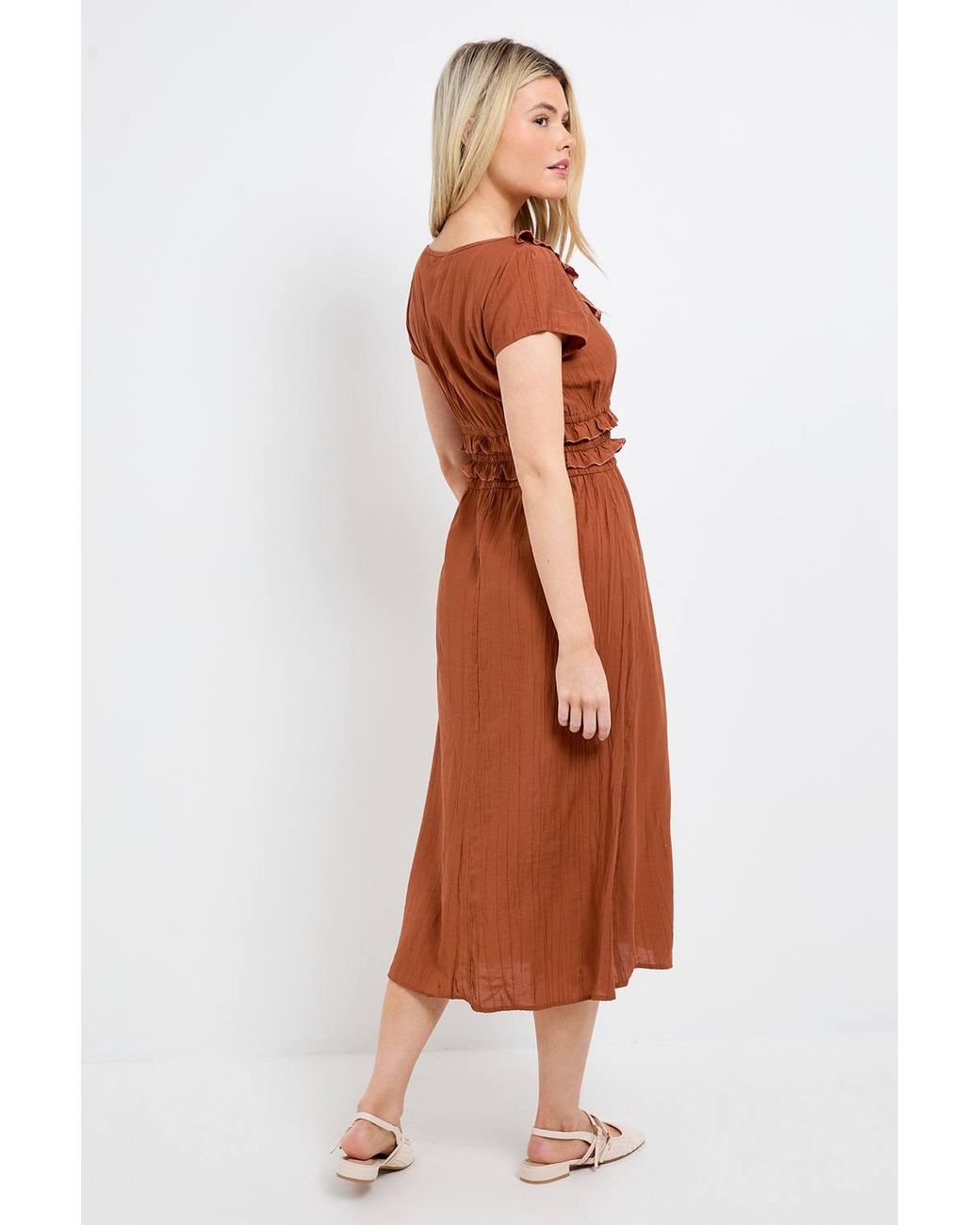 Dorothy Perkins Brown Frill Scoop Neck Shirred Waist Midi Dress