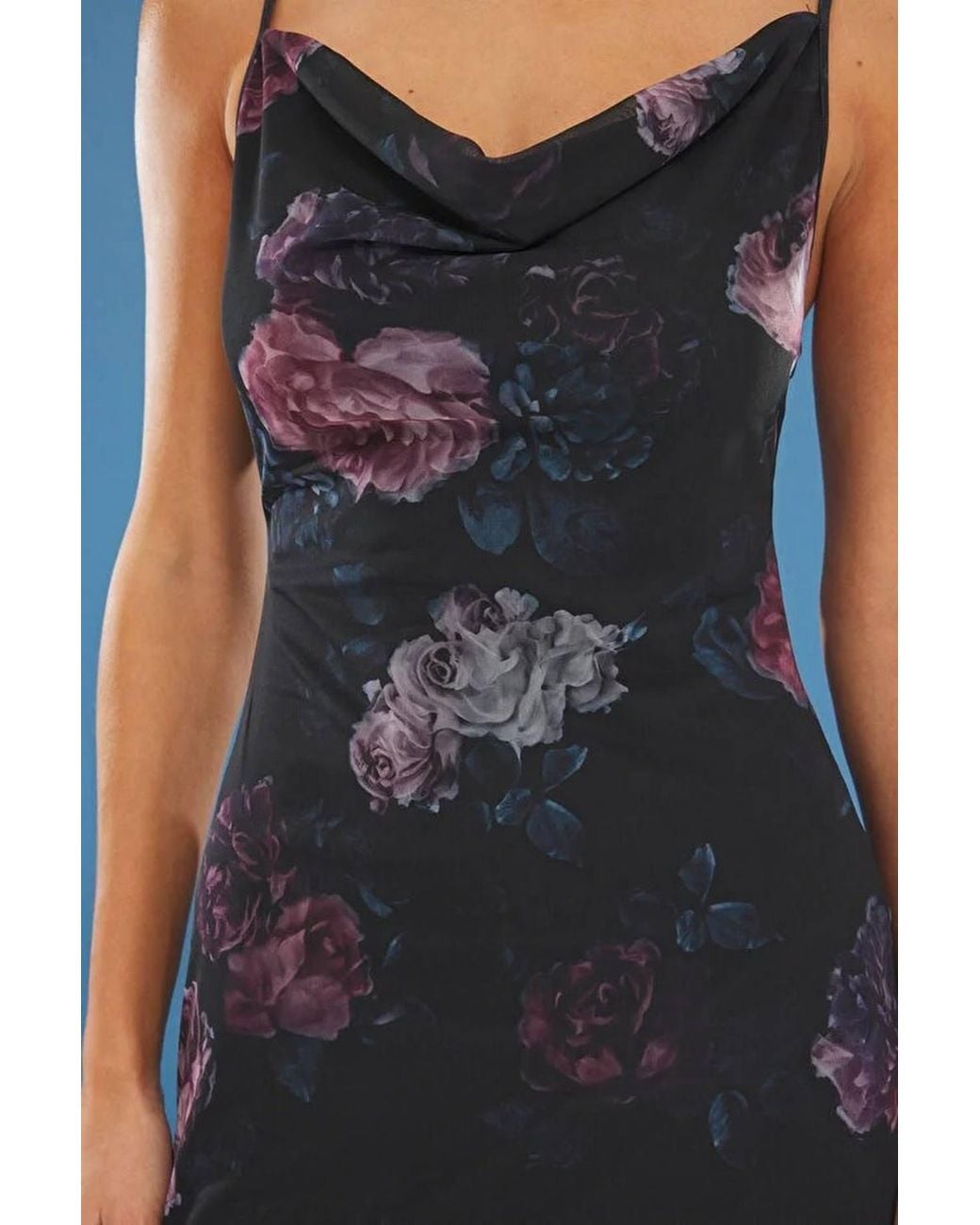 WOVCOR Blue Abstract Floral Print Cowl Neck Mesh Mini Bodycon Dress