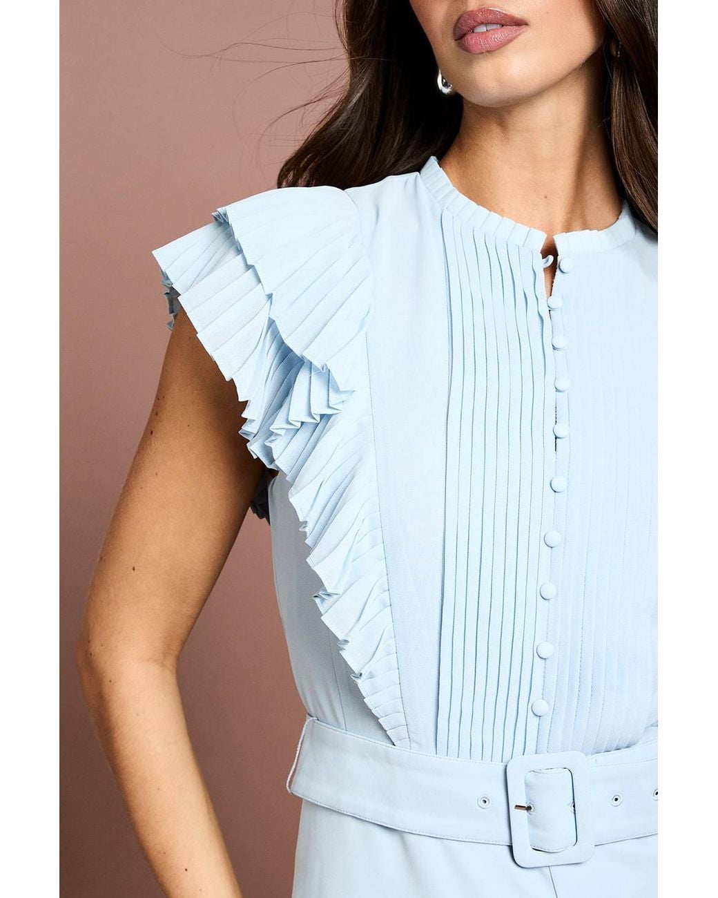 Coast Blue Button Down Pleated Wide Leg Jumpsuit