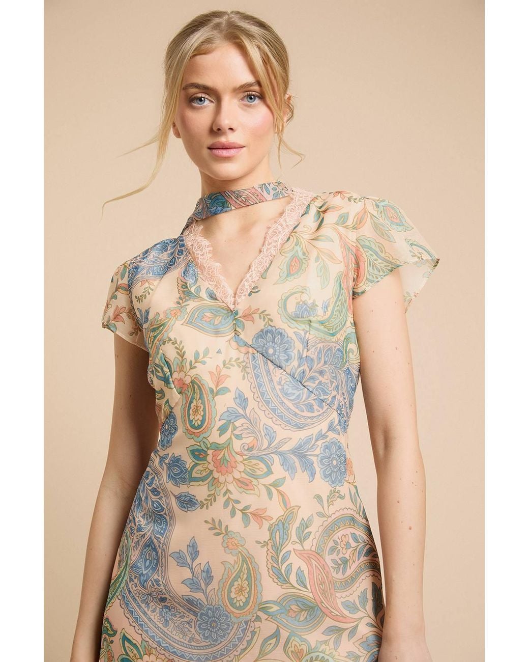 Oasis Natural Fluted Sleeve Midaxi Dress With Neck Scarf Detail