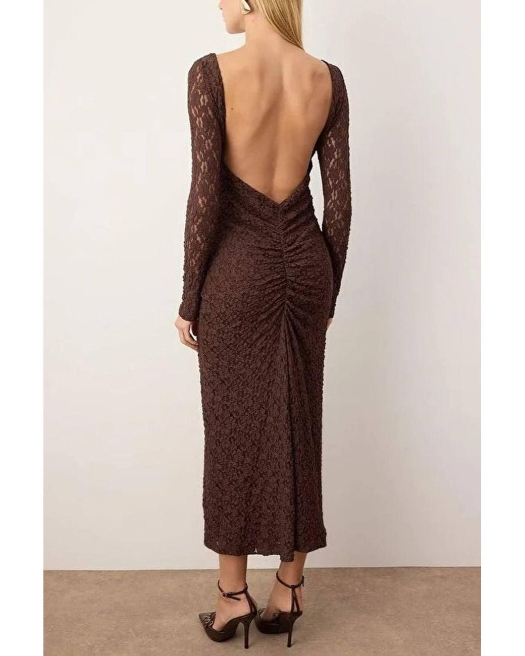 WOVCOR Brown Lace Knit Maxi Evening Dress