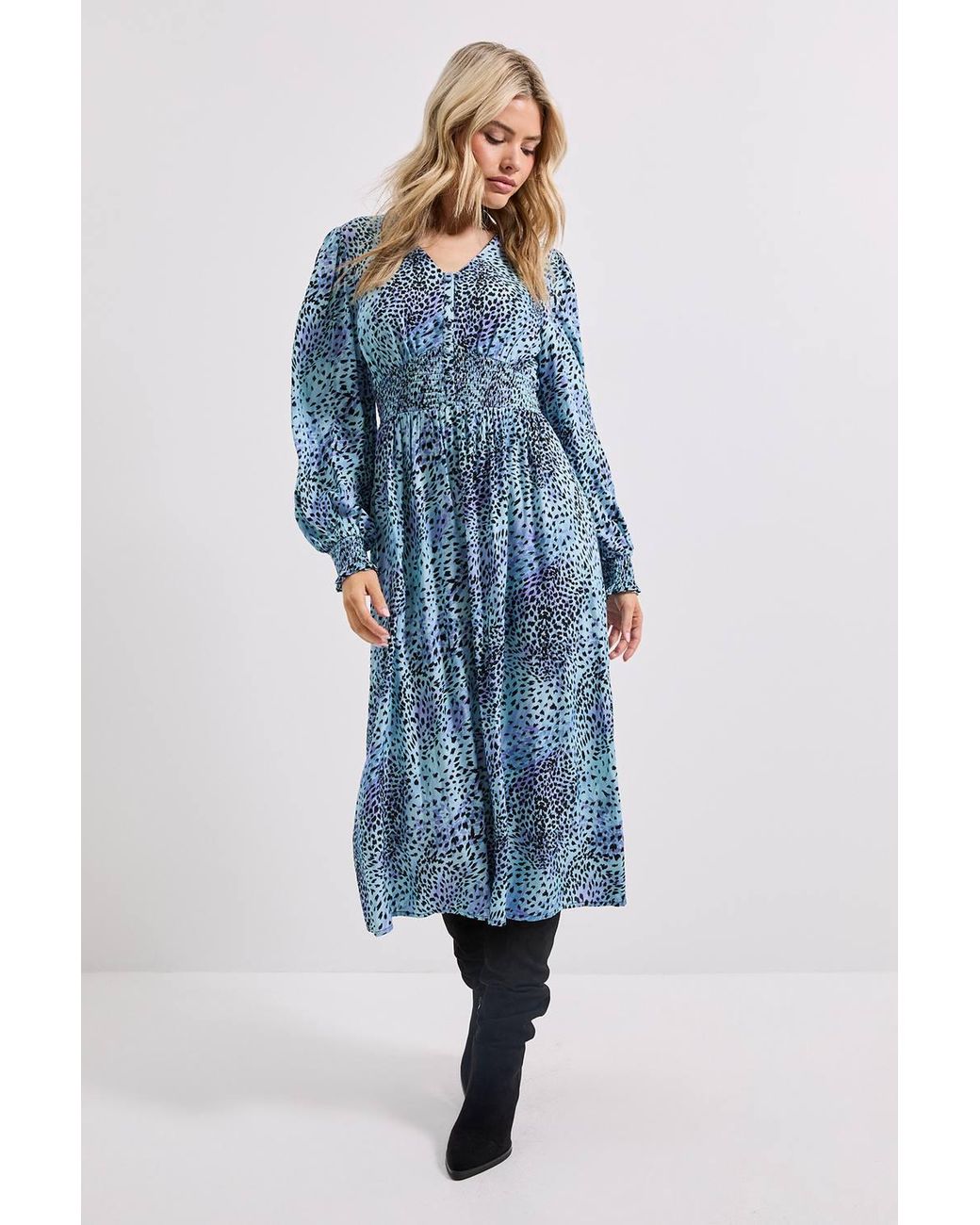 Dorothy Perkins Blue V Neck Button Front Detail Printed Midi Dress