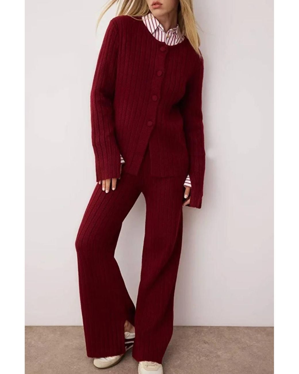 WOVCOR Red 2-Piece Soft Texture Knit Sweater & Wide Leg Pants Set