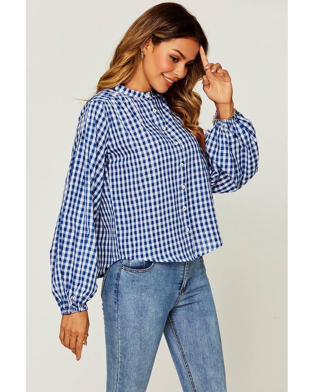 FS Collection Blue Gingham Balloon Sleeve Blouse With Shell Buttons