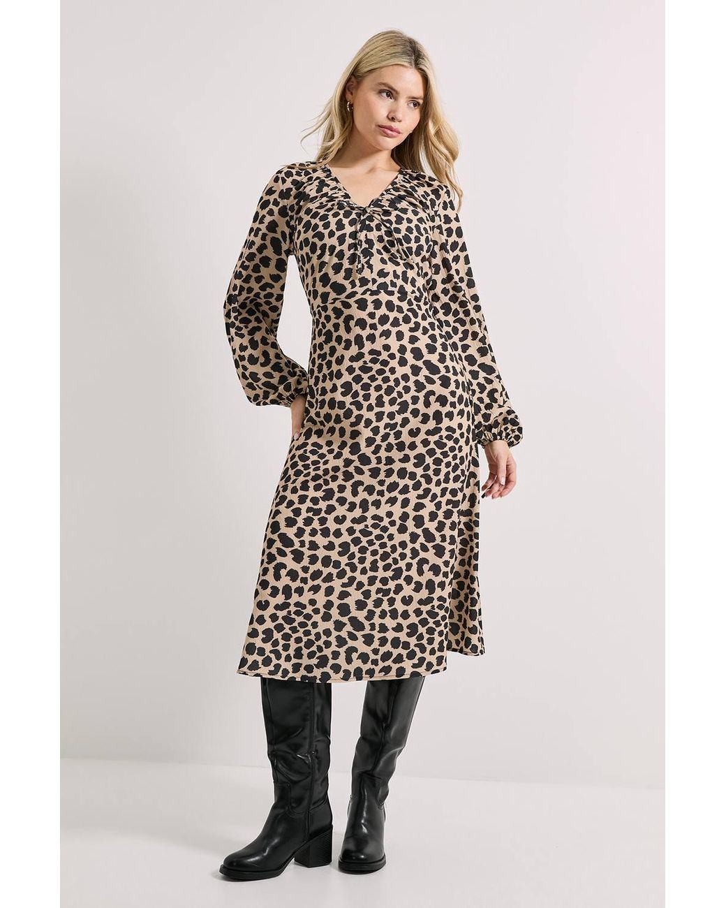 Dorothy Perkins Multicolor Printed Tie Neck Blouson Sleeve Midi Dress