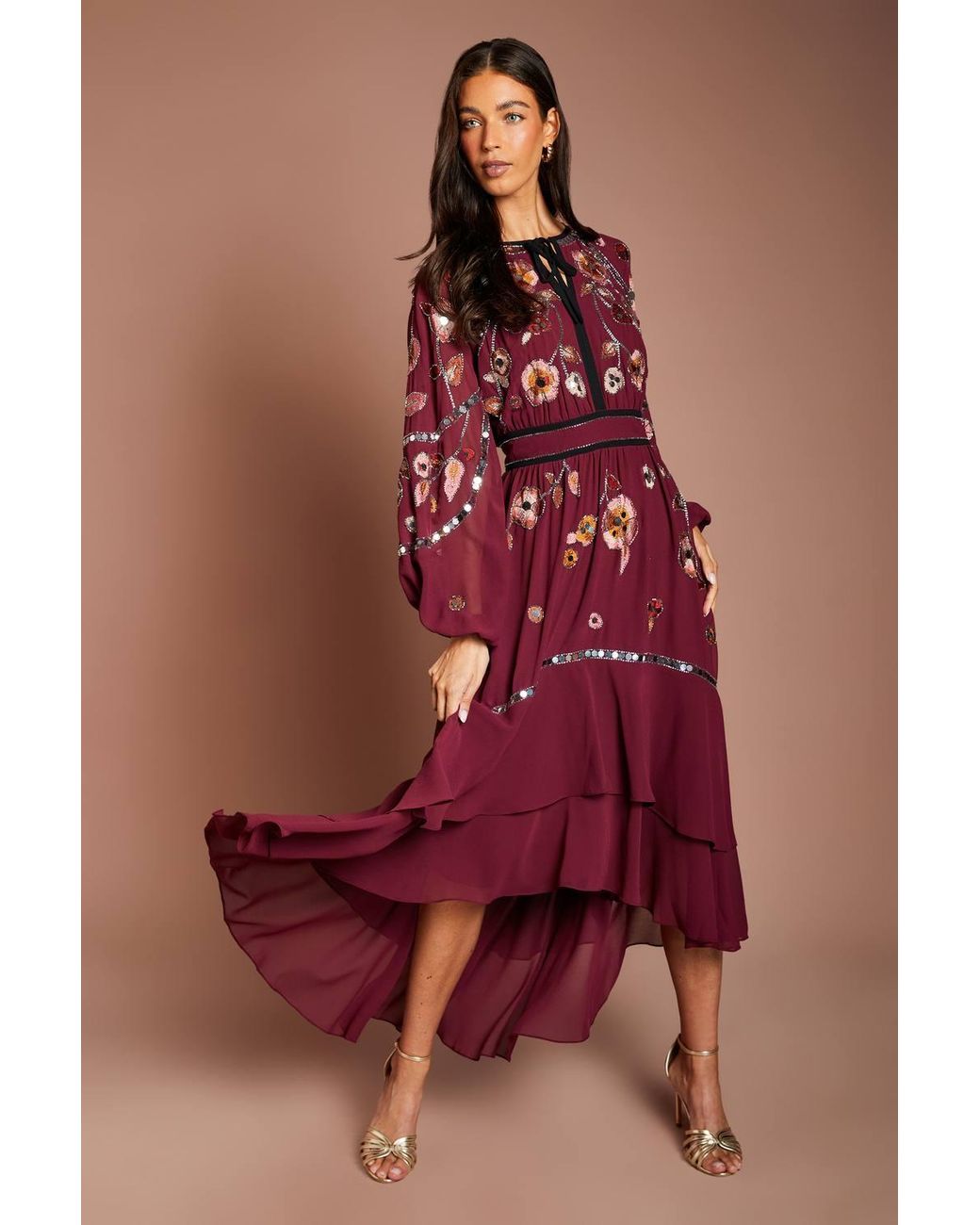 Coast Red Embellished Long Sleeve Midi Dress