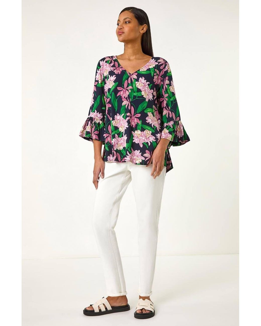Roman Pink Floral Flare Sleeve Top
