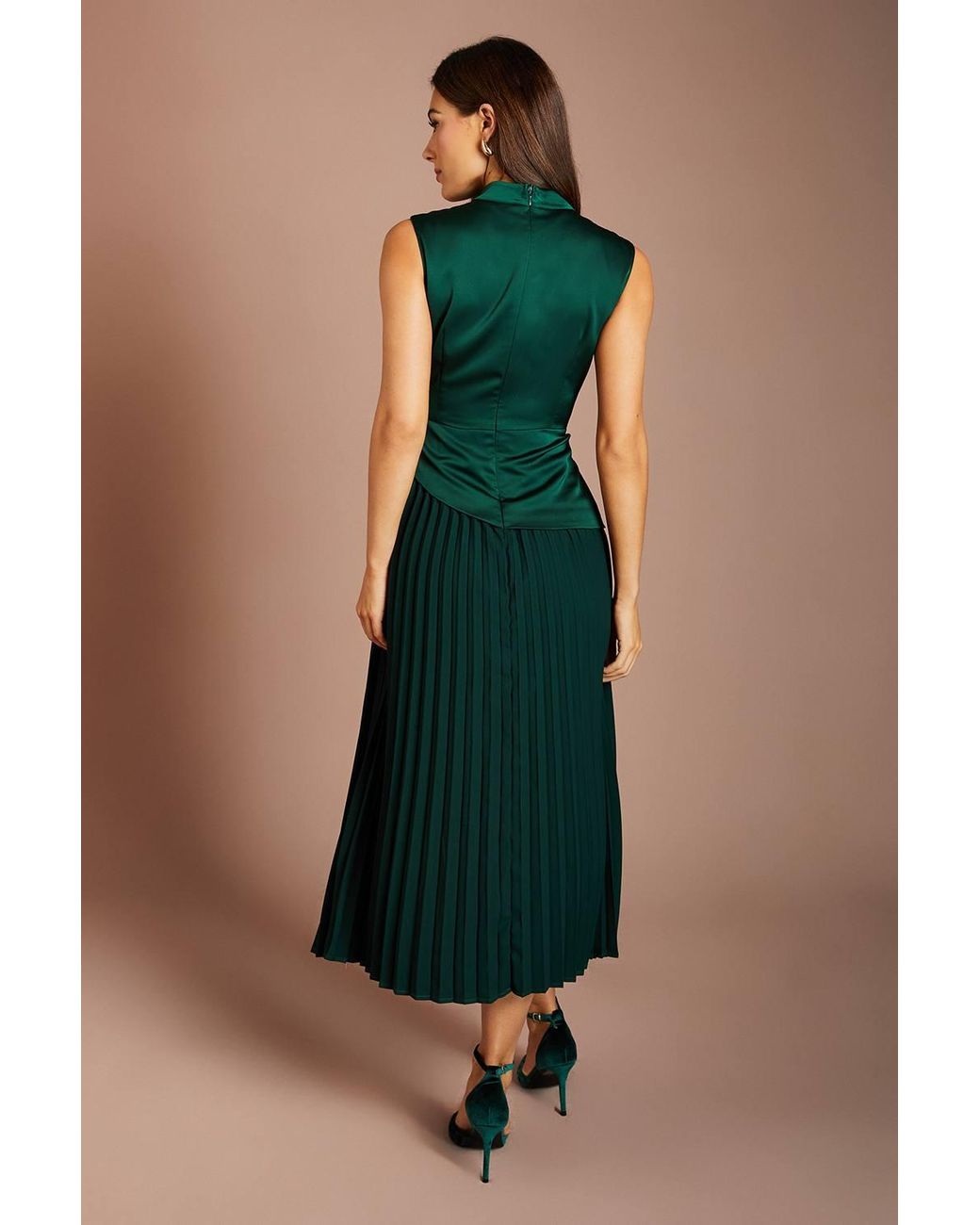 Coast Green Drape High Neck Pleated Skirt Midi Dress