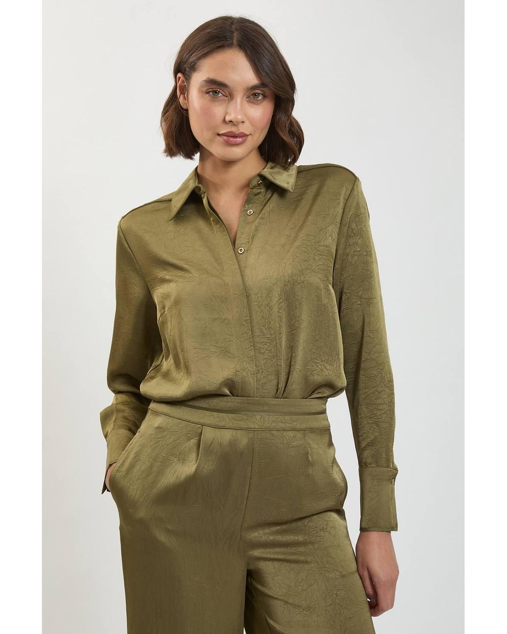 Karen Millen Green Petite Hammered Satin Relaxed Woven Shirt