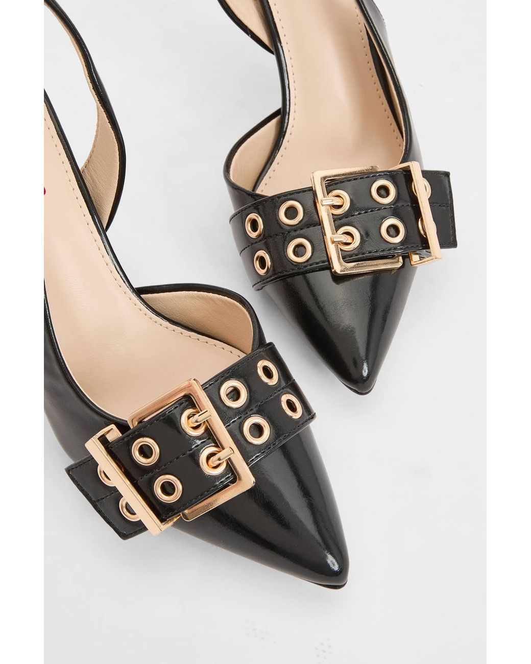 MissPap Black Faux Leather Double Strap Buckle Stiletto Heeled Court Shoes