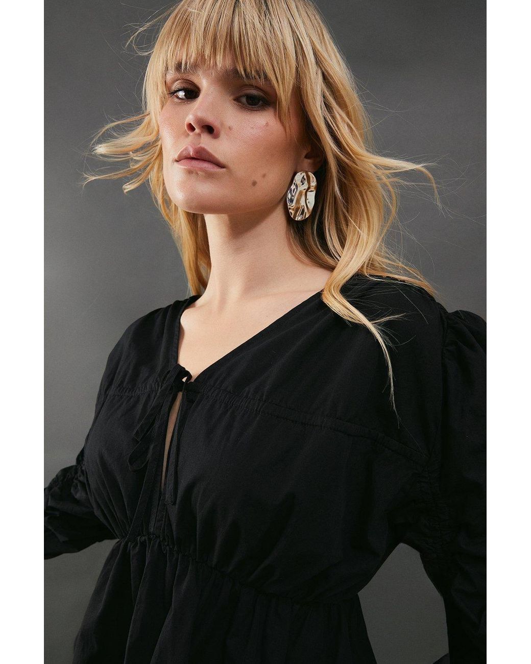 Warehouse Gray Cotton Tie Front Volume Sleeve Blouse