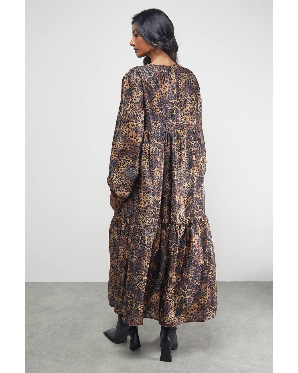 Warehouse Brown Textured Organza Wrap Tier Smock Midi Dress