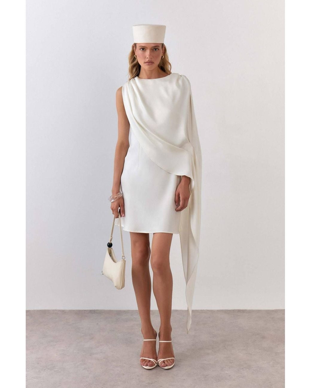 Warehouse Natural Premium Satin Draped Cape Mini Dress