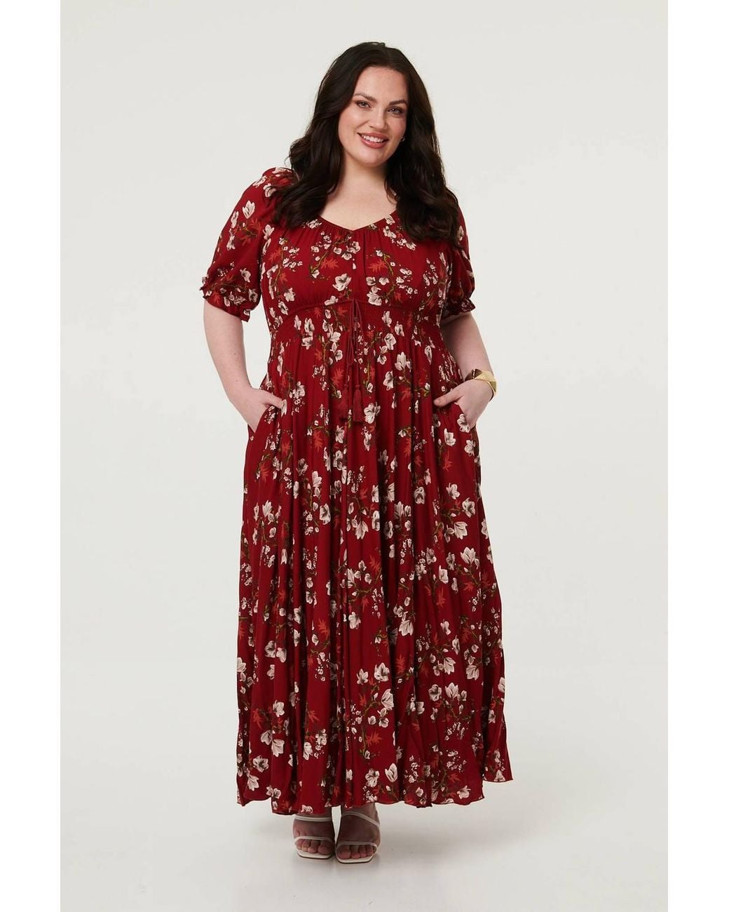 Izabel London Red Curve Floral Bardot Empire Maxi Dress