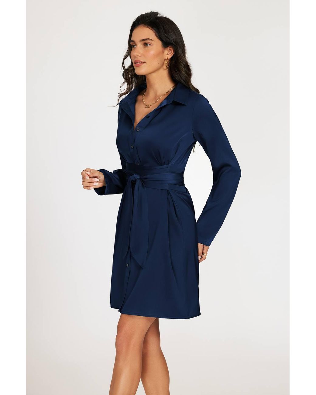 FS Collection Blue Wrap Tie Mini Satin Shirt Dress