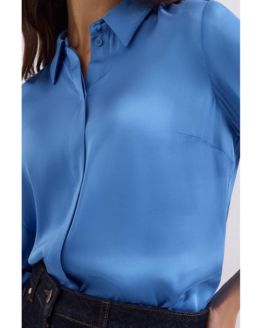 Phase Eight Blue Novie Collared Longsleeve Satin Shirt