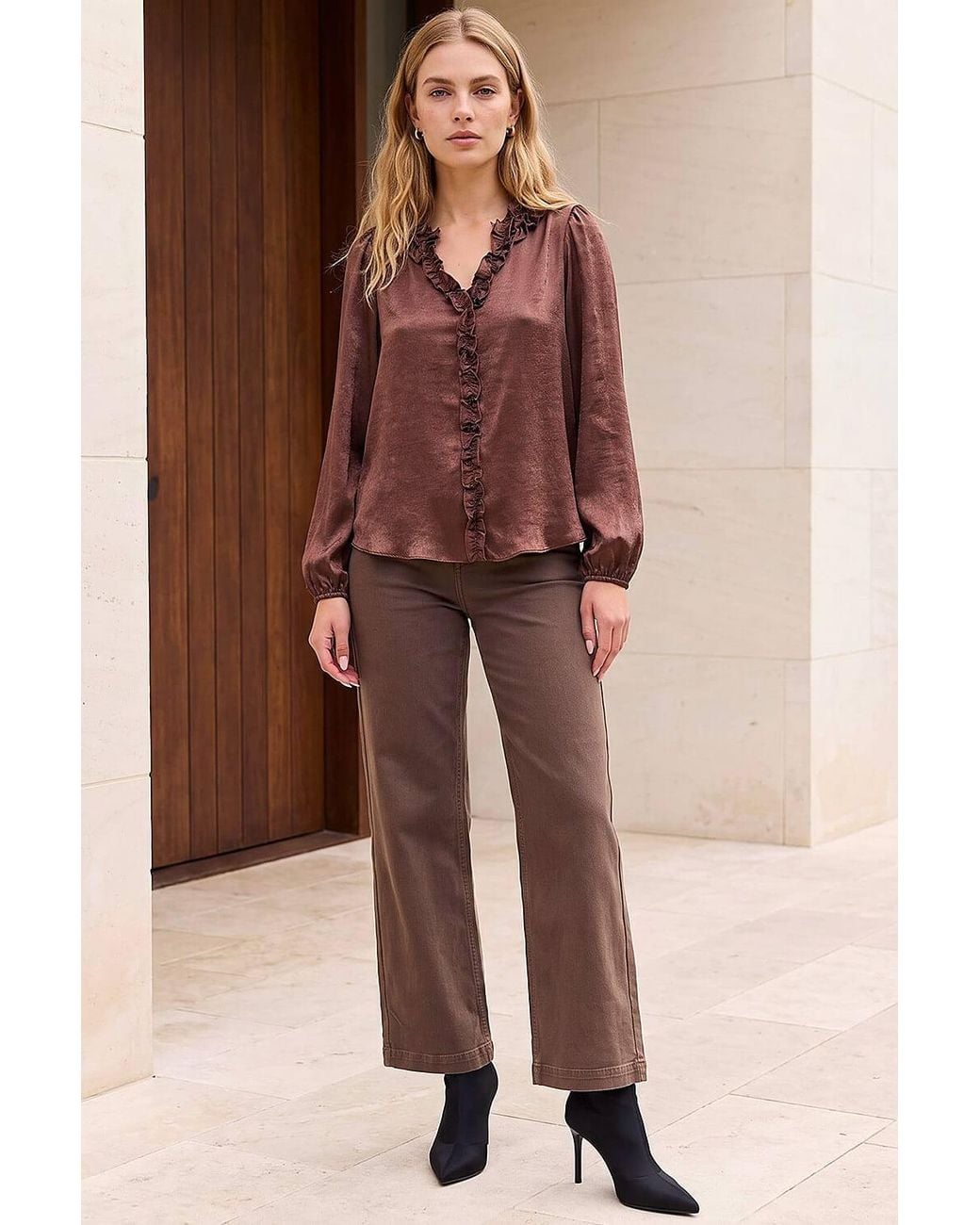 Roman Brown Crinkle Satin Frill V-Neck Top
