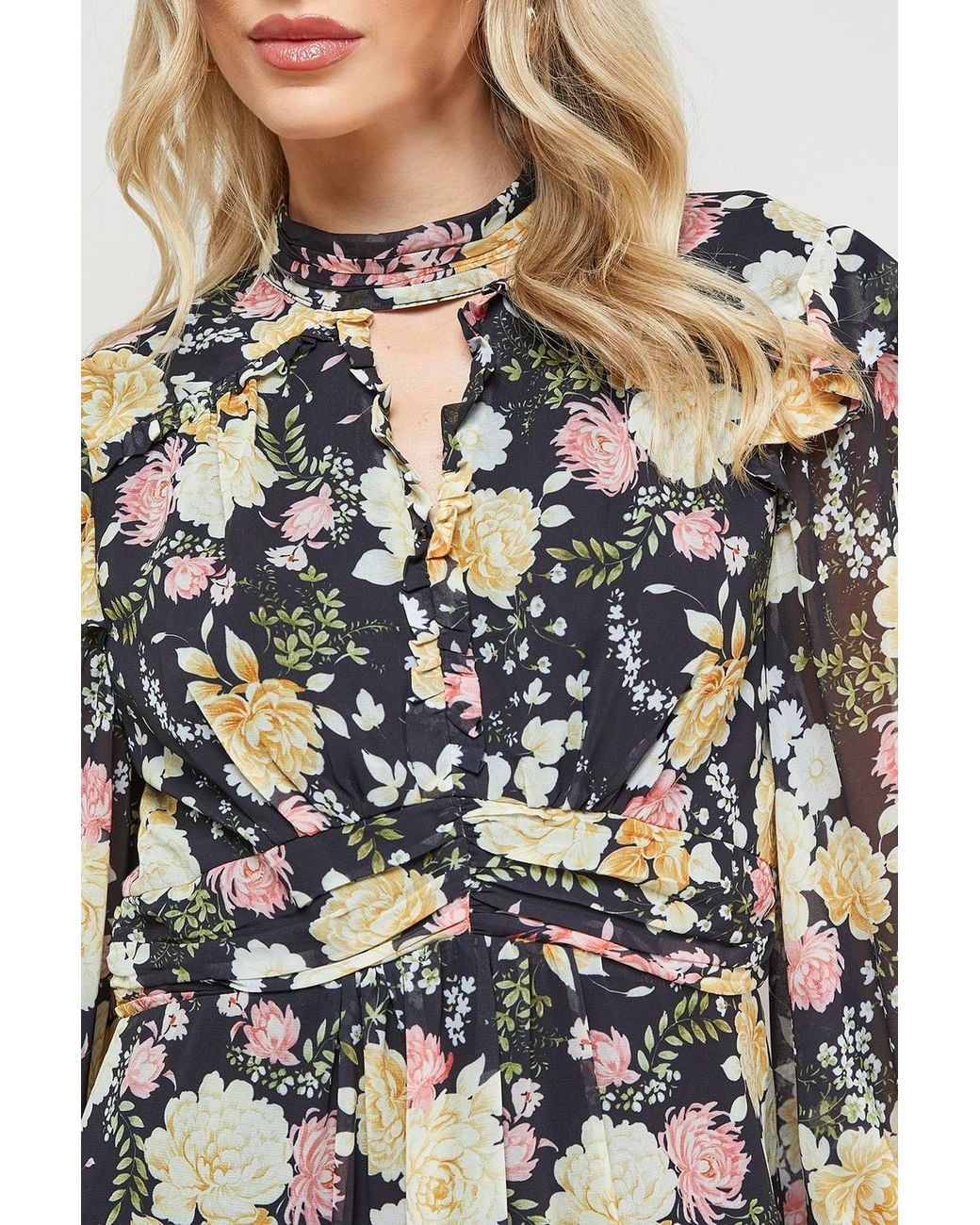Oasis Natural Printed Ruched High Neck Mini Fit And Flare Dress