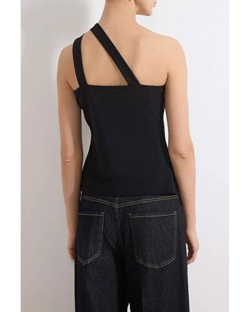 WOVCOR Black Button Detail One Shoulder Sleeveless Scuba Peplum Top