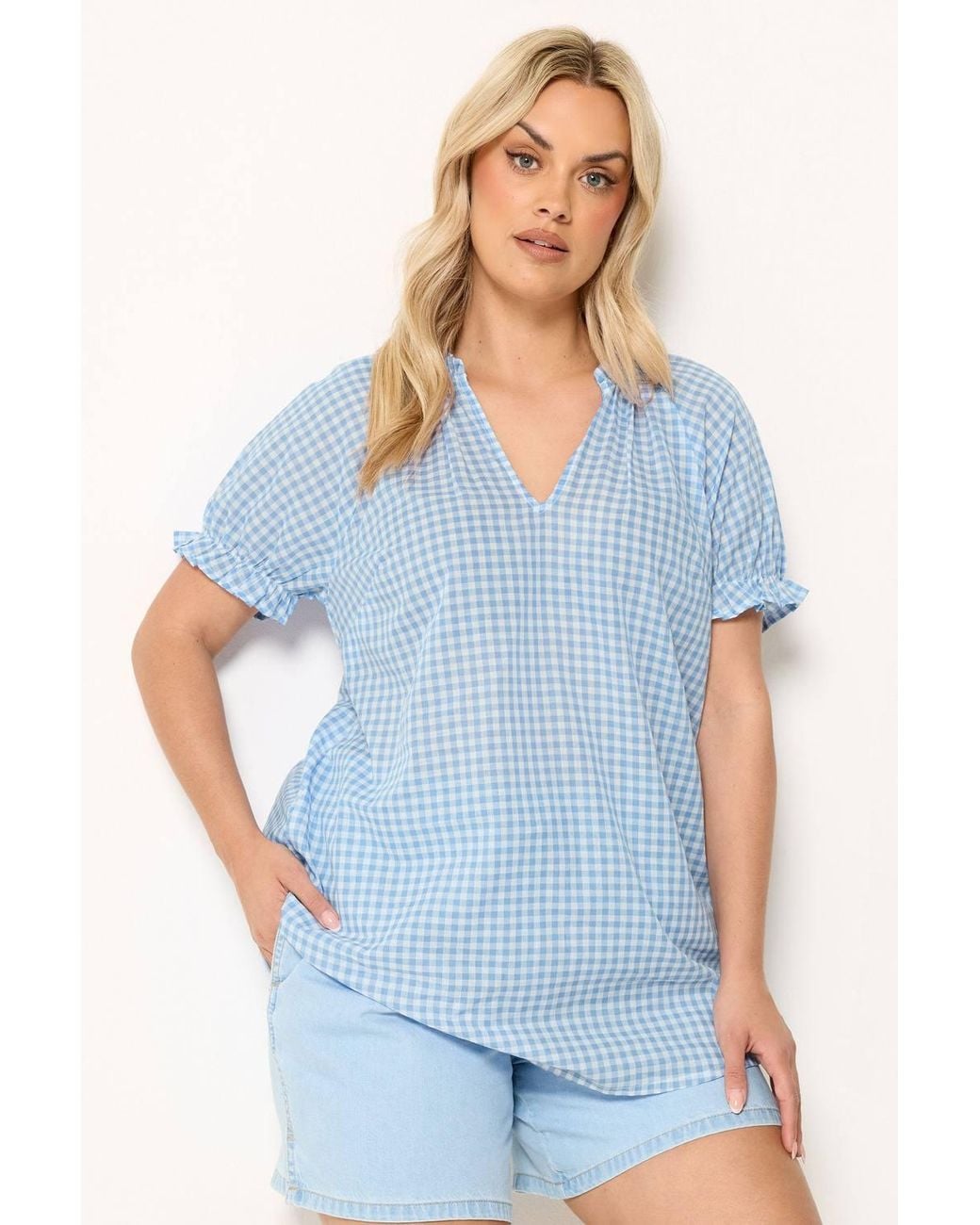 Yours Blue Gingham Puff Sleeve Blouse