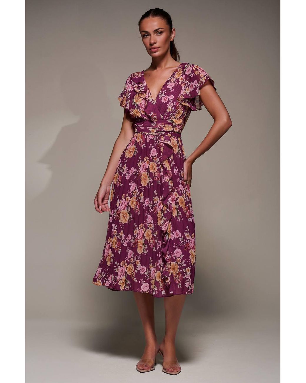 Jolie Moi Pink Printed Ruffle Detail Pleated Chiffon Midi Dress