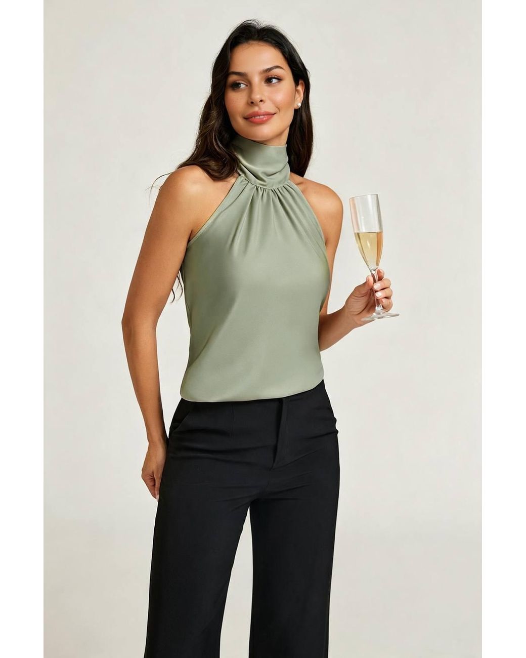FS Collection Blue High Neck Sleeveless Satin Blouse Top