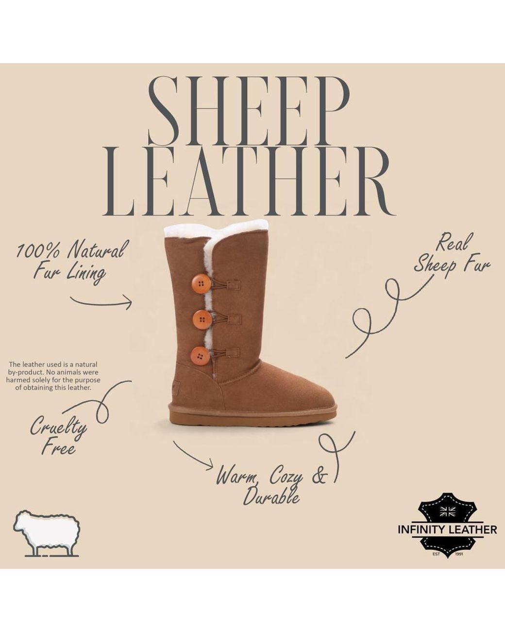 Infinity Leather Brown Sheepskin Suede Button Warm Winter Calf Boots
