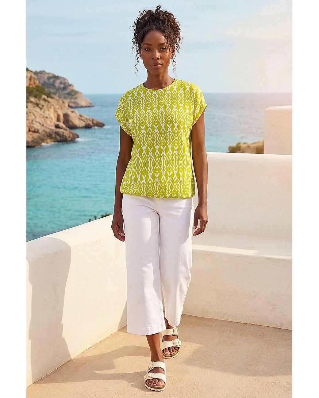 Roman Yellow Ikat Print Bubble Hem Top