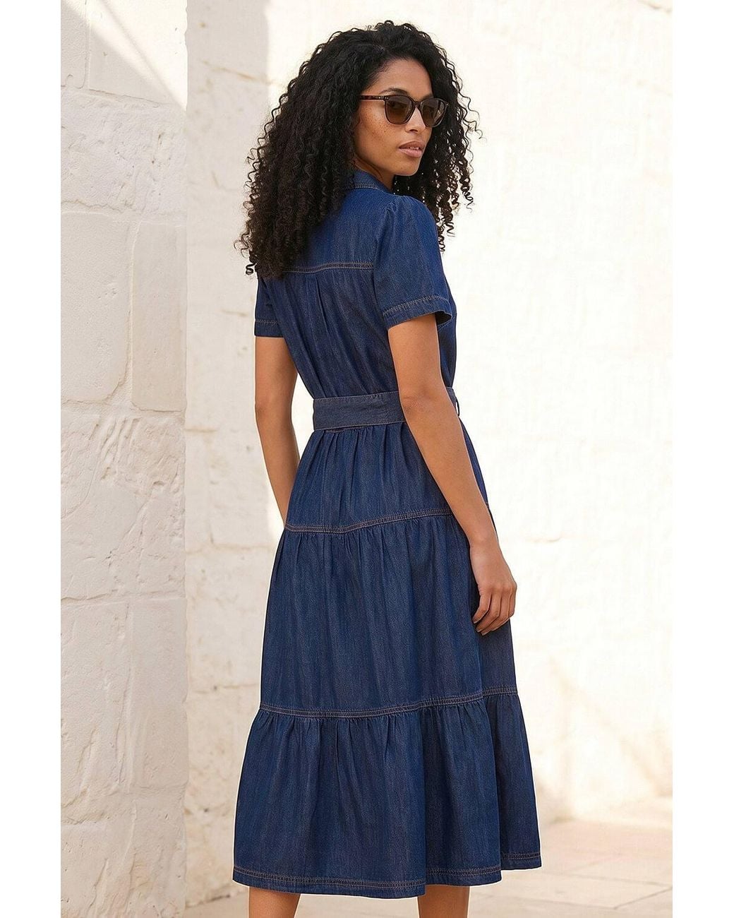Roman Blue Denim Tiered Cotton Midi Dress