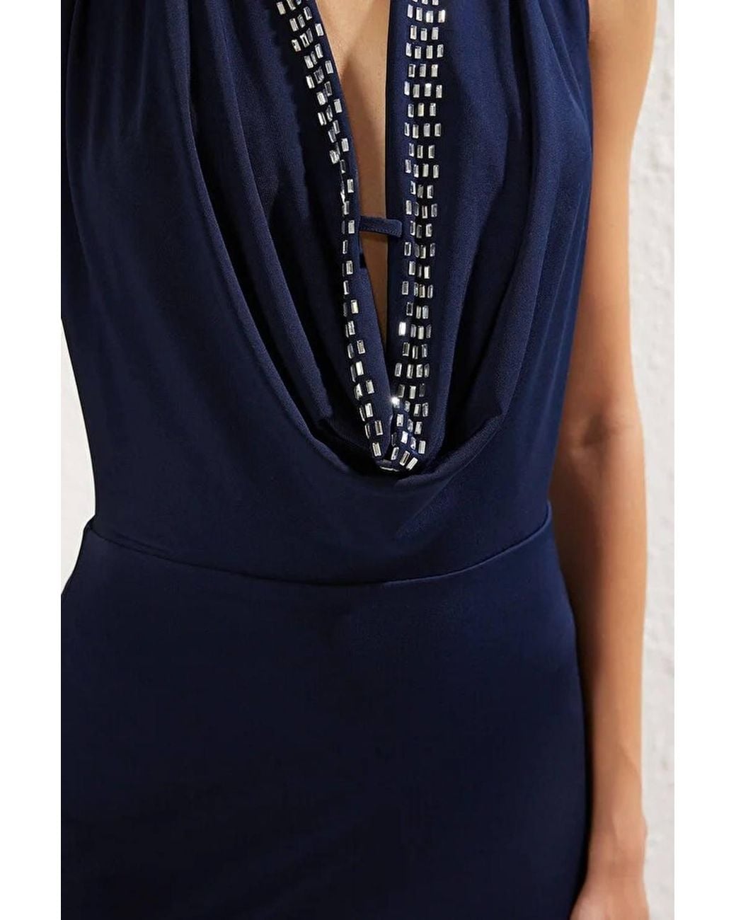 WOVCOR Blue Cowl Neck Evening Dress W/ Shiny Stone Detail
