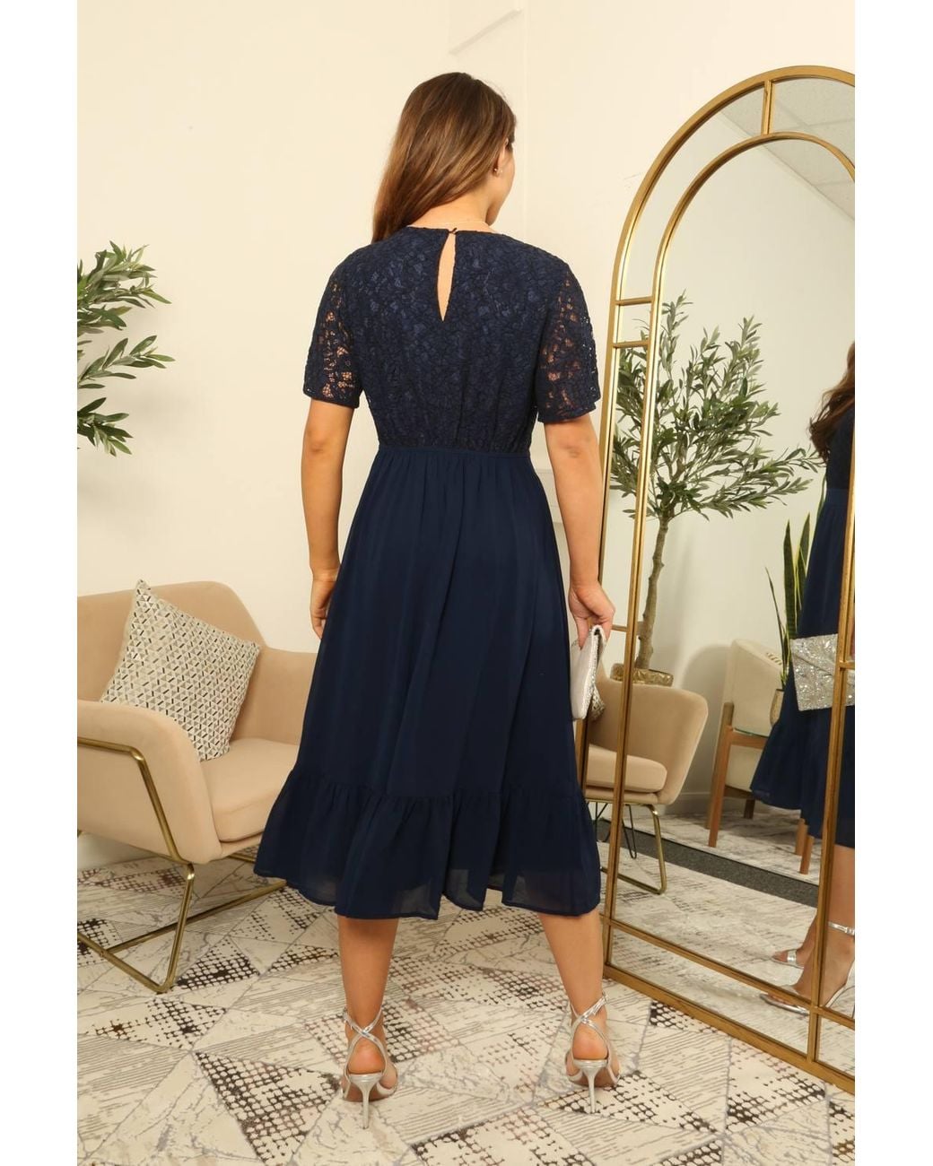 Double Second Blue Lace Wrap Top Midi Tiered Dress