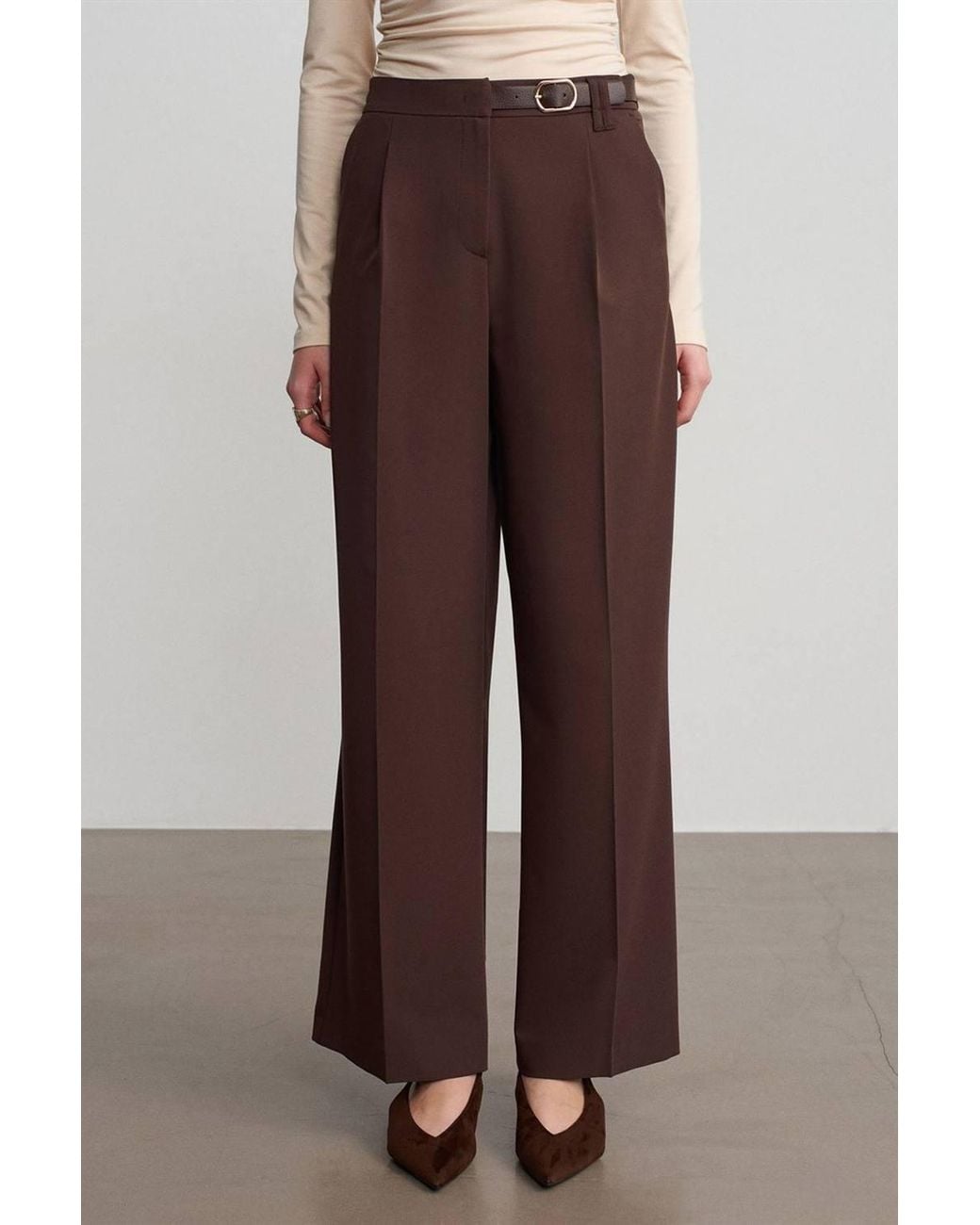 Dilvin Brown Wide-Leg Belted Crepe Trousers