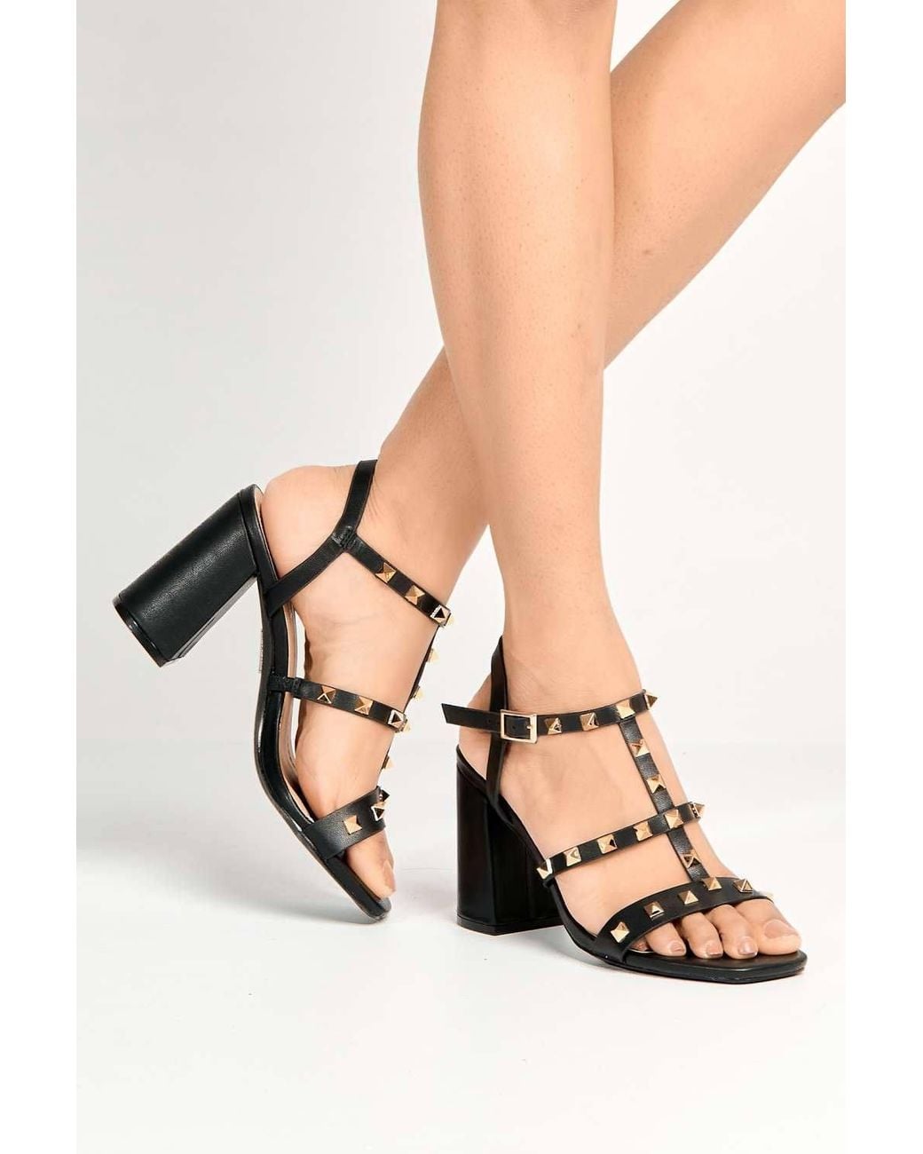 Miss Diva Black Troya Studded Block Heel Sandals
