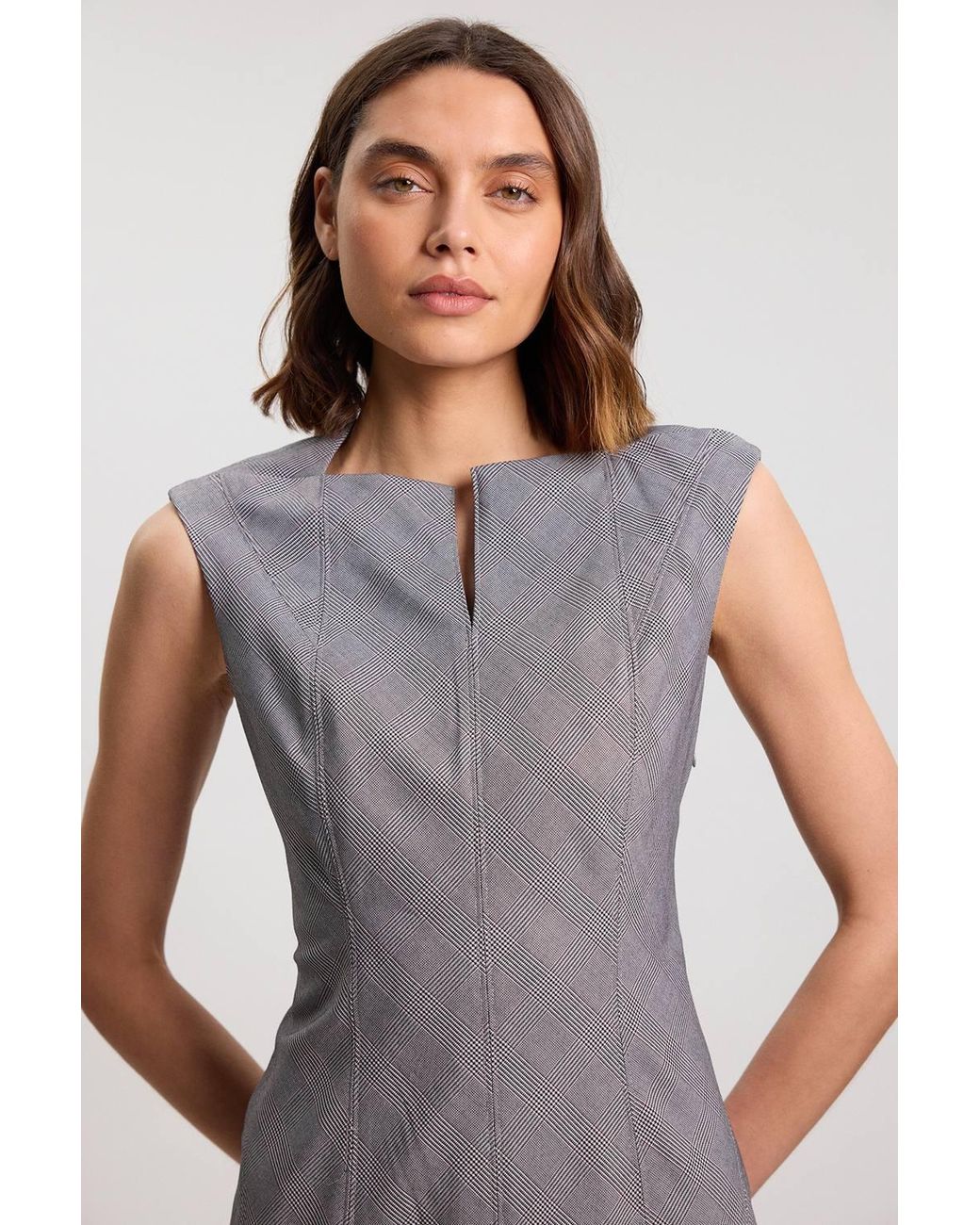 Karen Millen Gray Petite Soft Tailored Check Godet Detail Midi Dress