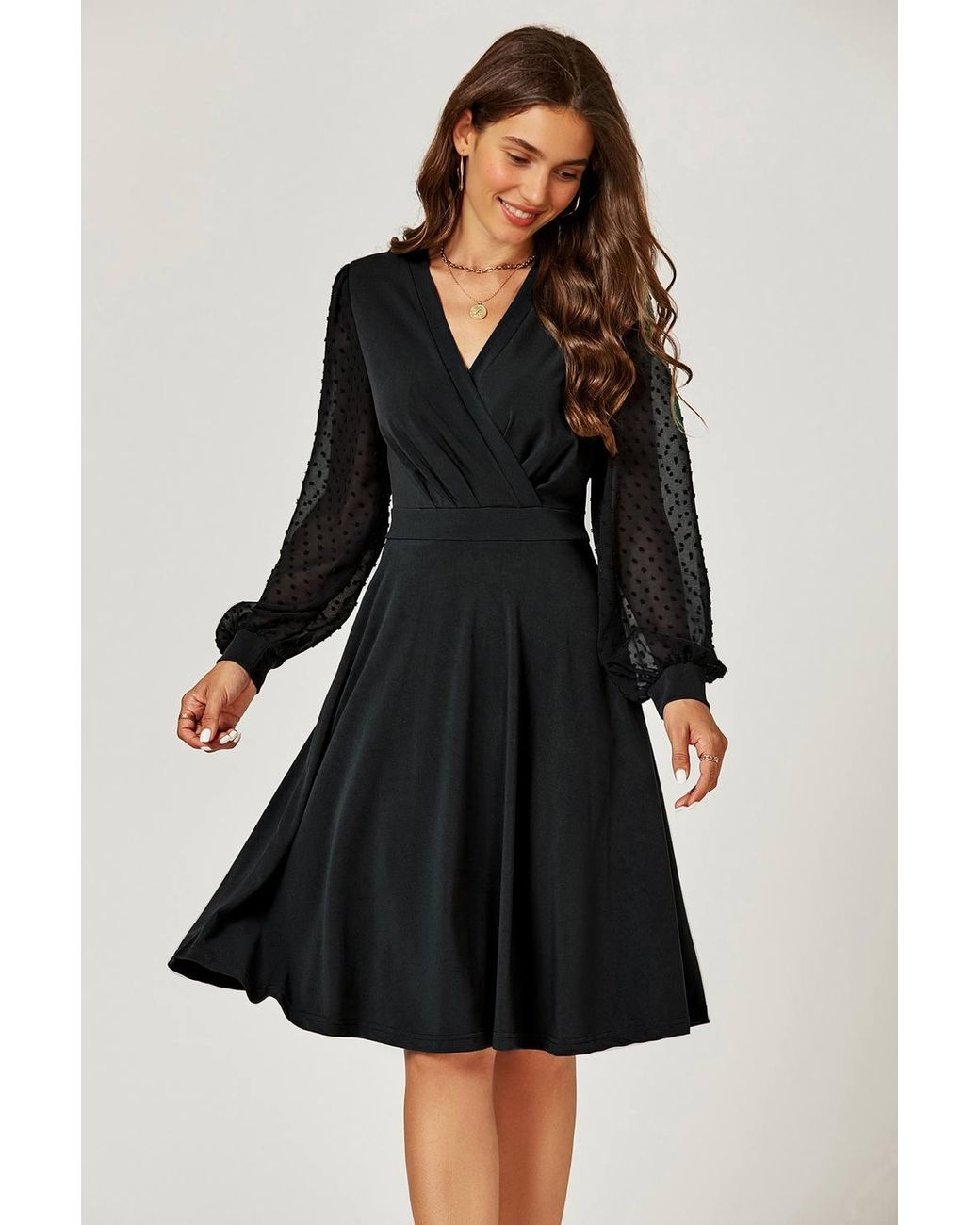 FS Collection Black V Neck Midi Dress W/ Sheer Long Sleeve