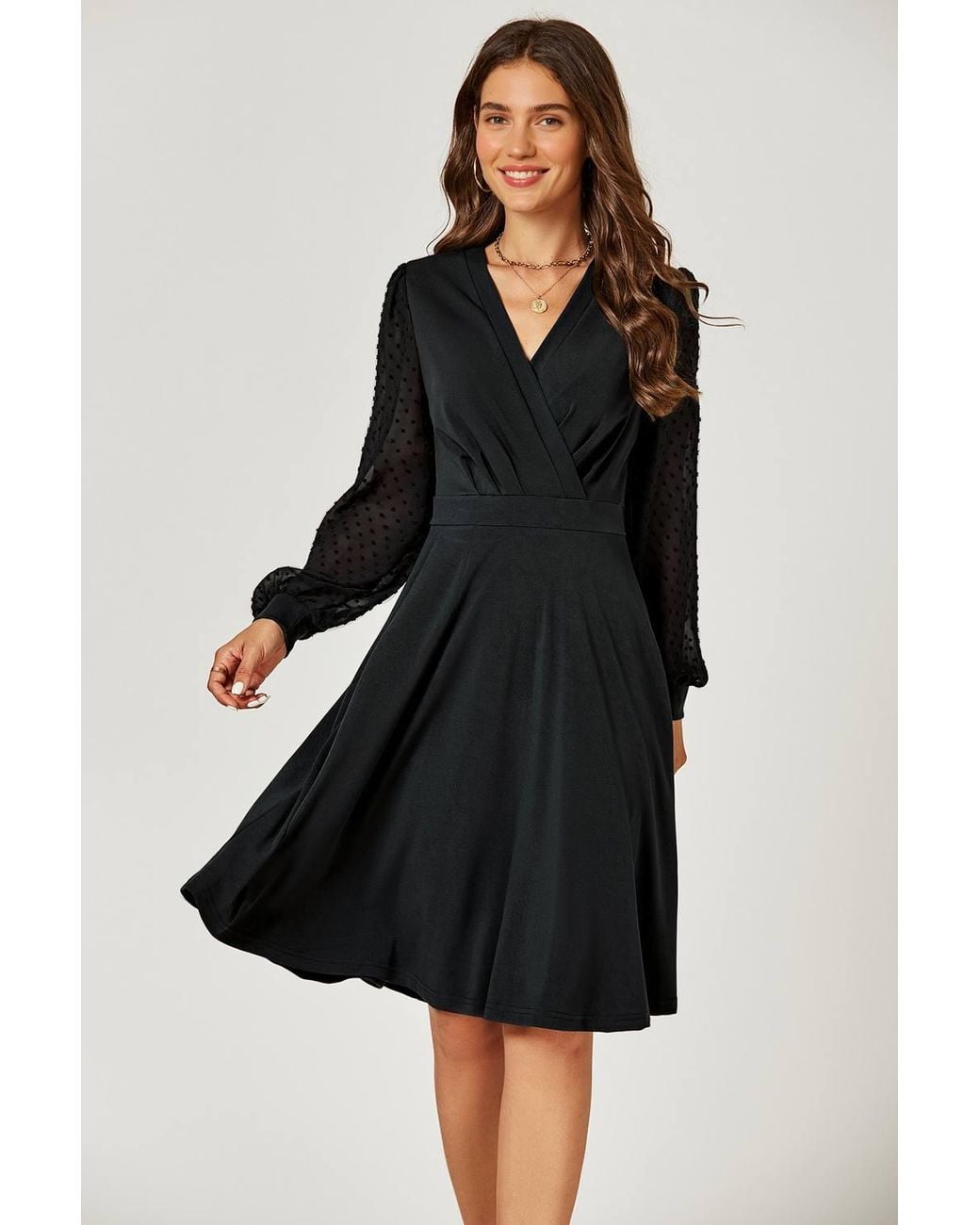 FS Collection Black V Neck Midi Dress W/ Sheer Long Sleeve