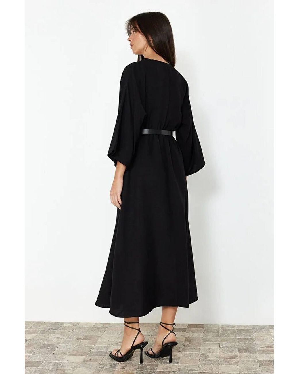 WOVCOR Black Belted A-Line Wrap Collar Batwing Sleeve Midi Dress