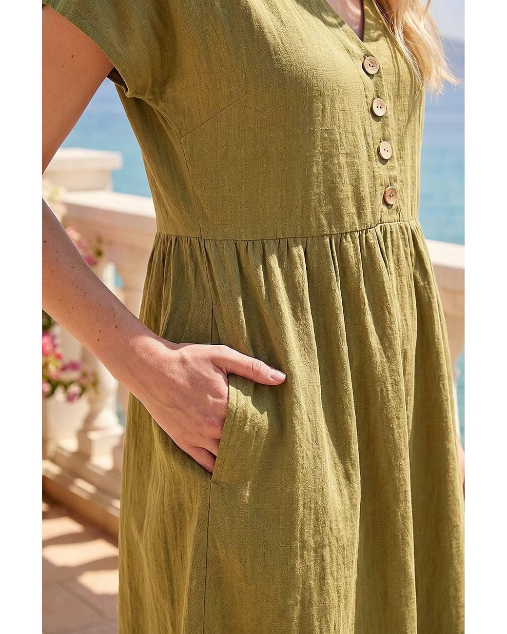 Roman Green Linen Look Button Midi Dress