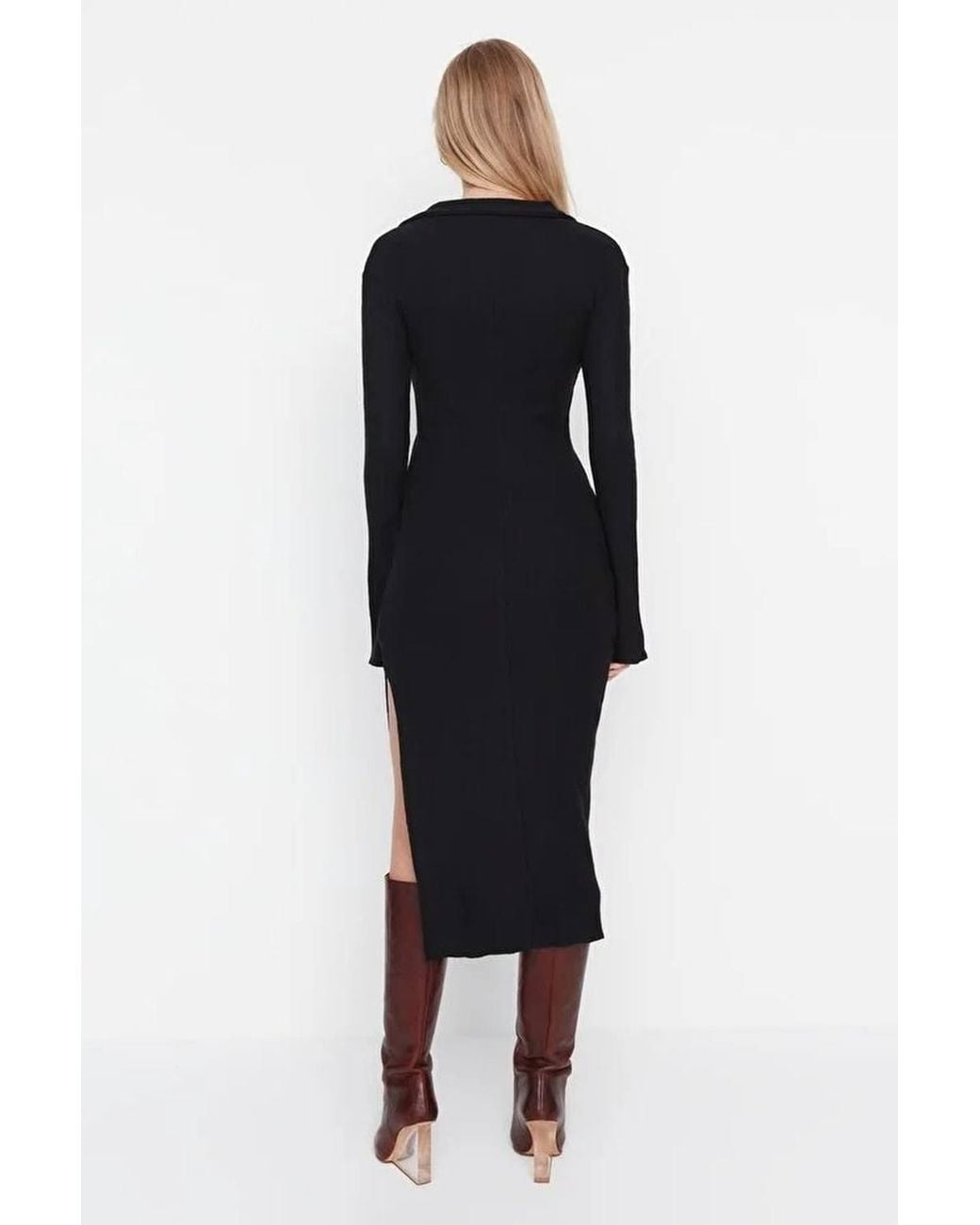 WOVCOR Blue Polo Collar Maxi Knit Pencil Dress
