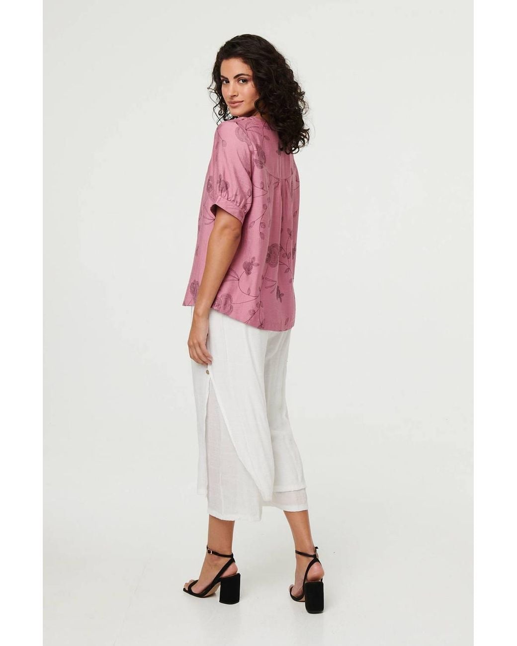 Izabel London Pink Floral Short Puff Sleeve Blouse Top